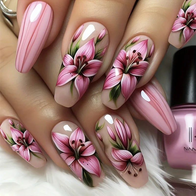 24pcs Press on Nails Flower Design Mid-length Ballet False Nail Fashion Brown Full Cover Manicure Tips Datachable Fake Nails Set