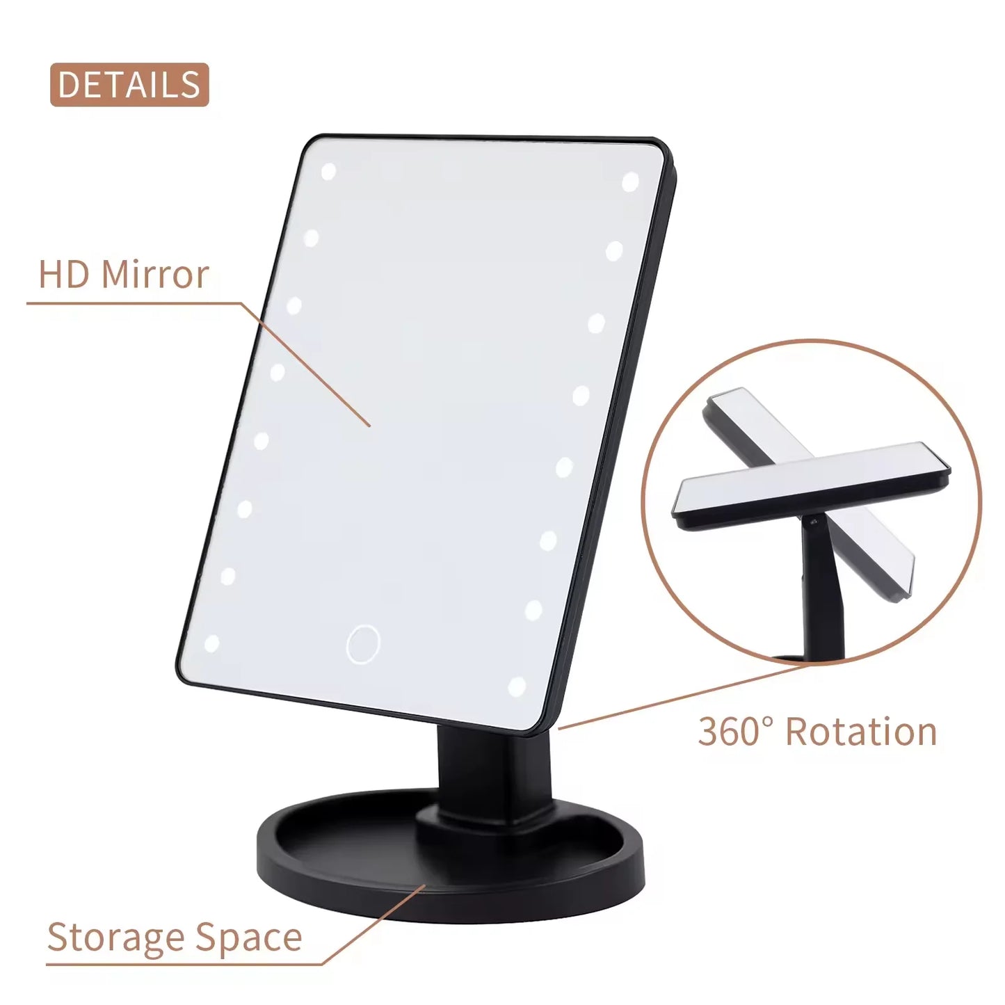 Vanity Lighted Makeup Mirror Square with stand, Desktop Beauty LED Cosmetic Mirror with Touch Screen Handheld Compact for Gifts