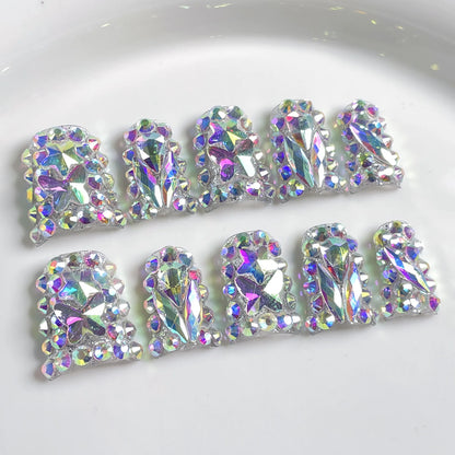 10pcs Pink Duckbill Handmade Press on Nails Art Simple White French Short Fake Nail Wearable Rhinestones Design False Nails Tips