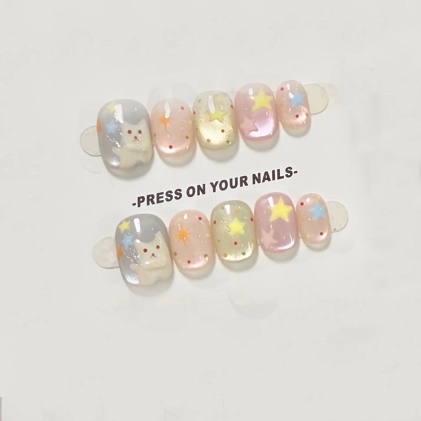 10Pcs Handmade Press on Nails Kitten Glass Beads Cat's Eye False Nail for Women&Girls Star Polka Detachable Wearable Fake Nail