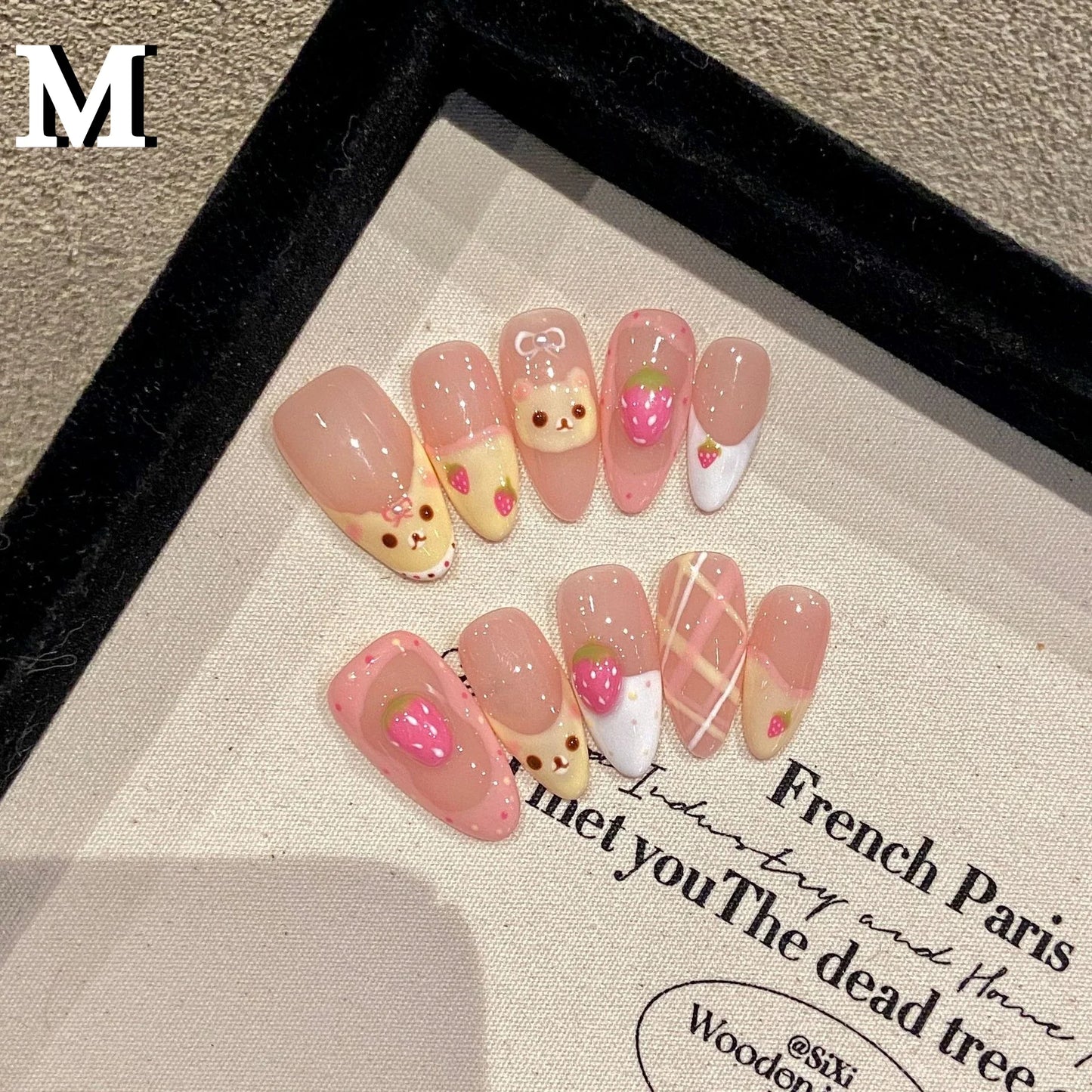 10Pcs Almond Press on Nails with Pink Strawberry Bear Design Acrylic False Nails Cute Full Cover Sweet Girl Wearable Nail Tips
