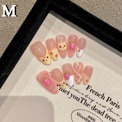 10Pcs Almond Press on Nails with Pink Strawberry Bear Design Acrylic False Nails Cute Full Cover Sweet Girl Wearable Nail Tips
