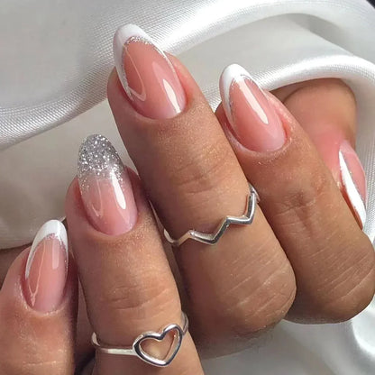 Silver Glitter Powder White Simple Red Lips Gold Almond Fake Nails Art False Nails Charms Tip Punk Press on Nails Manicure Tools