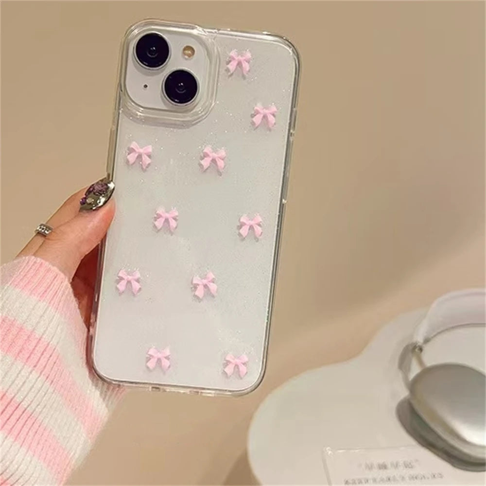 Cute 3D Bowknot Glitter Case For iPhone 17 Air 16 15 13 11 Pro Max 14 Plus 12 X XS XR 2025 Korean Girl Epoxy Clear Shell