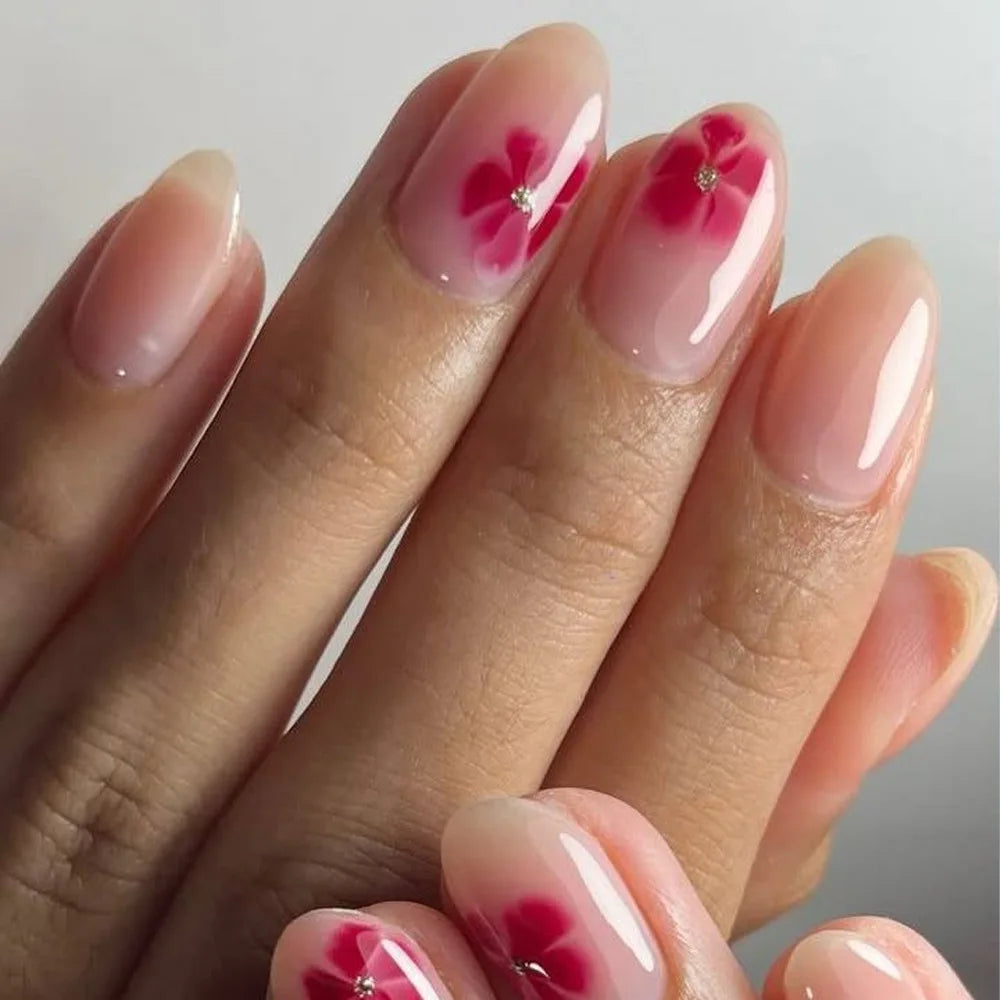 24pcs French Almond Press on Nails Flower False Nails Wearable Stick-on Nails Fake Nail Uñas Postizas Mujer Накладные Ногти 네일팁