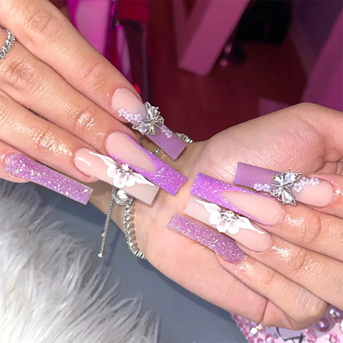 24Pcs Gold French Border False Nails Long Coffin False Nails with Rhinestones Ballerina Full Cover Nail Tips Press on Nails