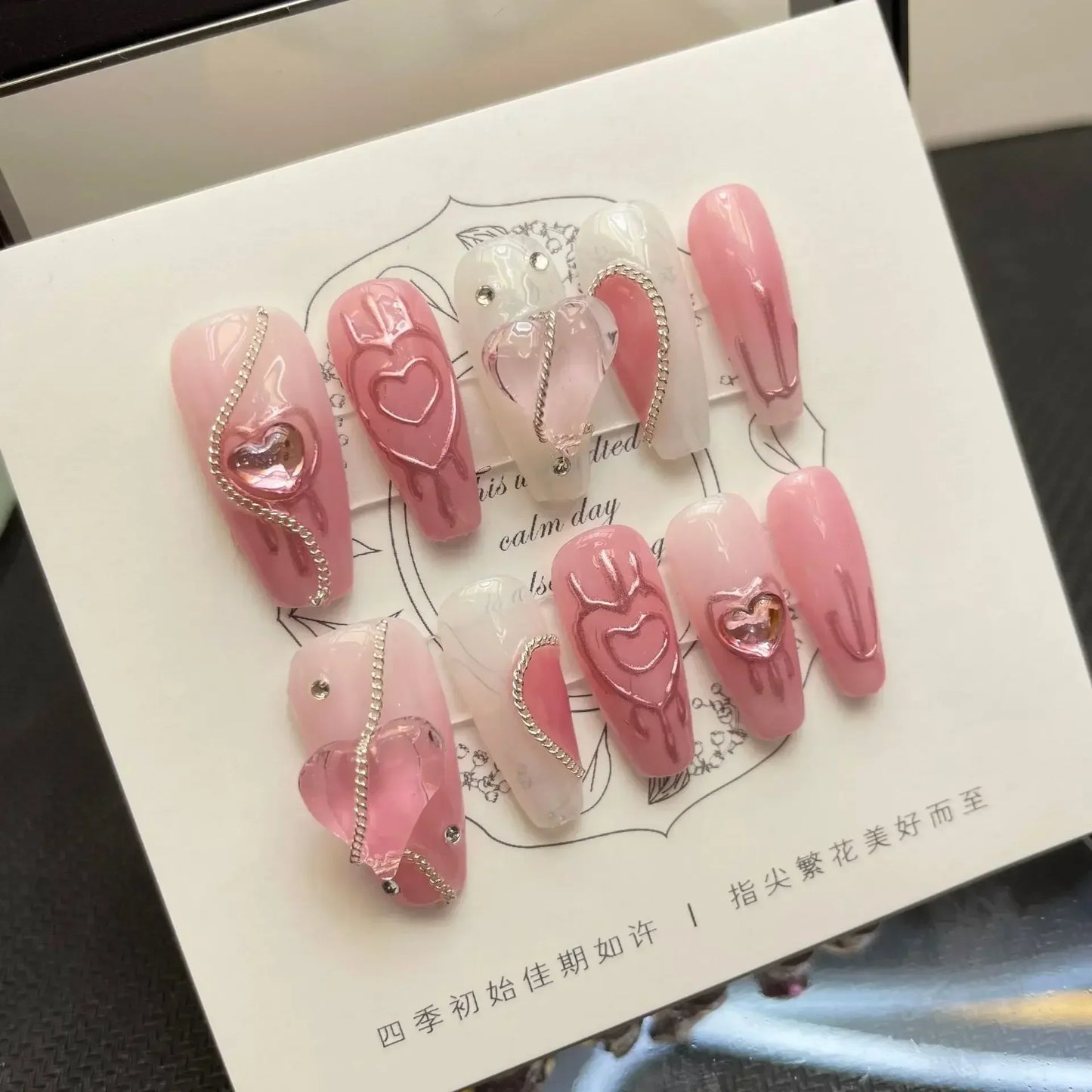 10Pcs Handmade Press on Nails Long Ballet Blue Fake Nails with 3D Ocean Moon Rhinestone Design False Nails Full Cover Nail Tips