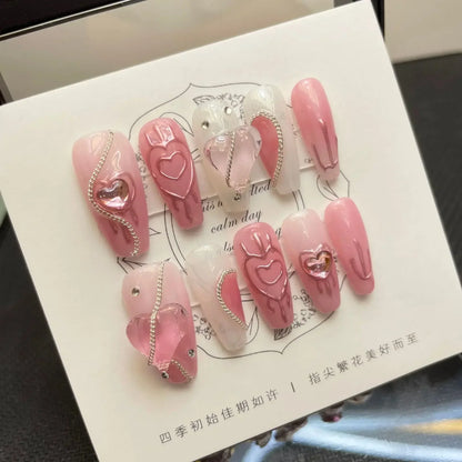 10Pcs Handmade Press on Nails Long Ballet Blue Fake Nails with 3D Ocean Moon Rhinestone Design False Nails Full Cover Nail Tips