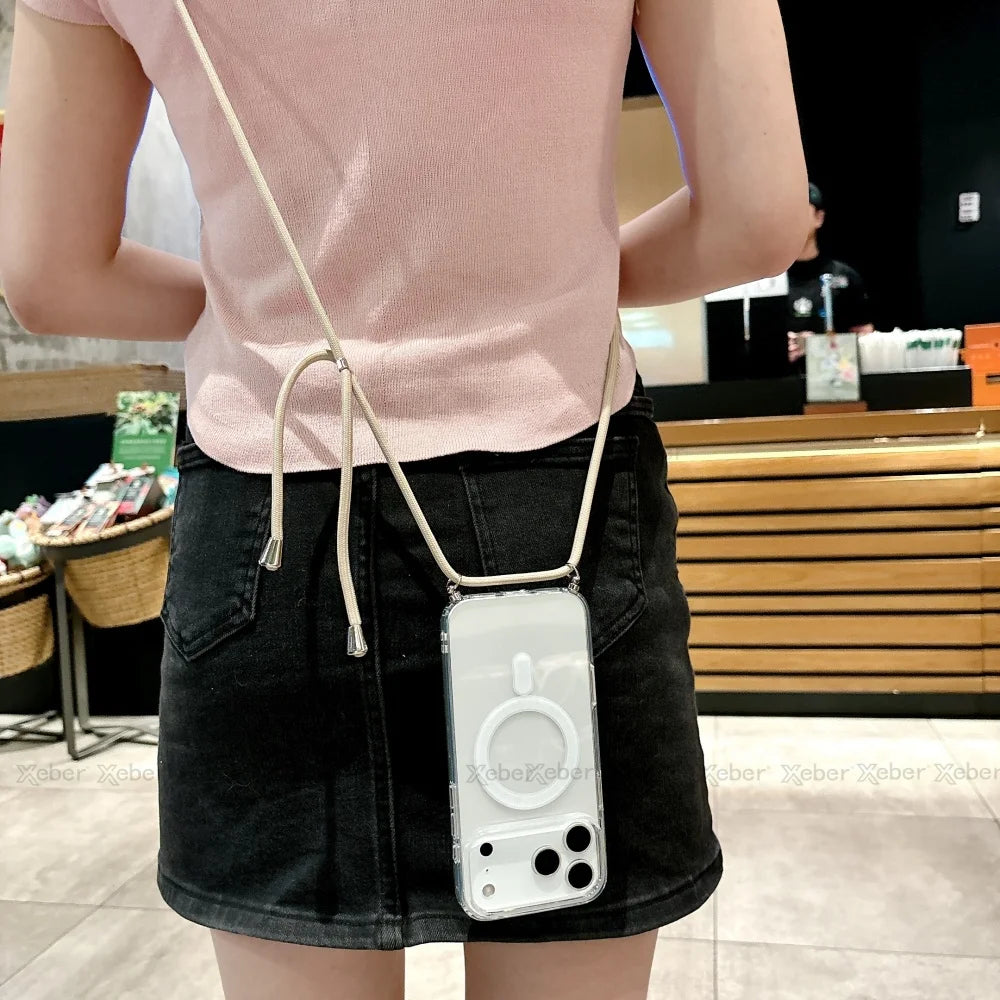 Crossbody Lanyard Necklace Rope Clear Case For iPhone 13 14 Plus 15 16 17 Pro Max For Magsafe Magnetic Wireless Charging Cover