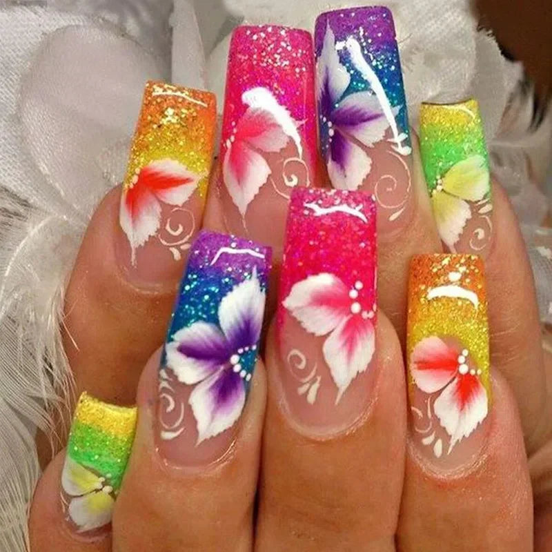 24Pcs White French Fake Nails with Glitter Rose Pattern Press on False Nails Gold Edge Line Design Artificial Nail Tips Art Long