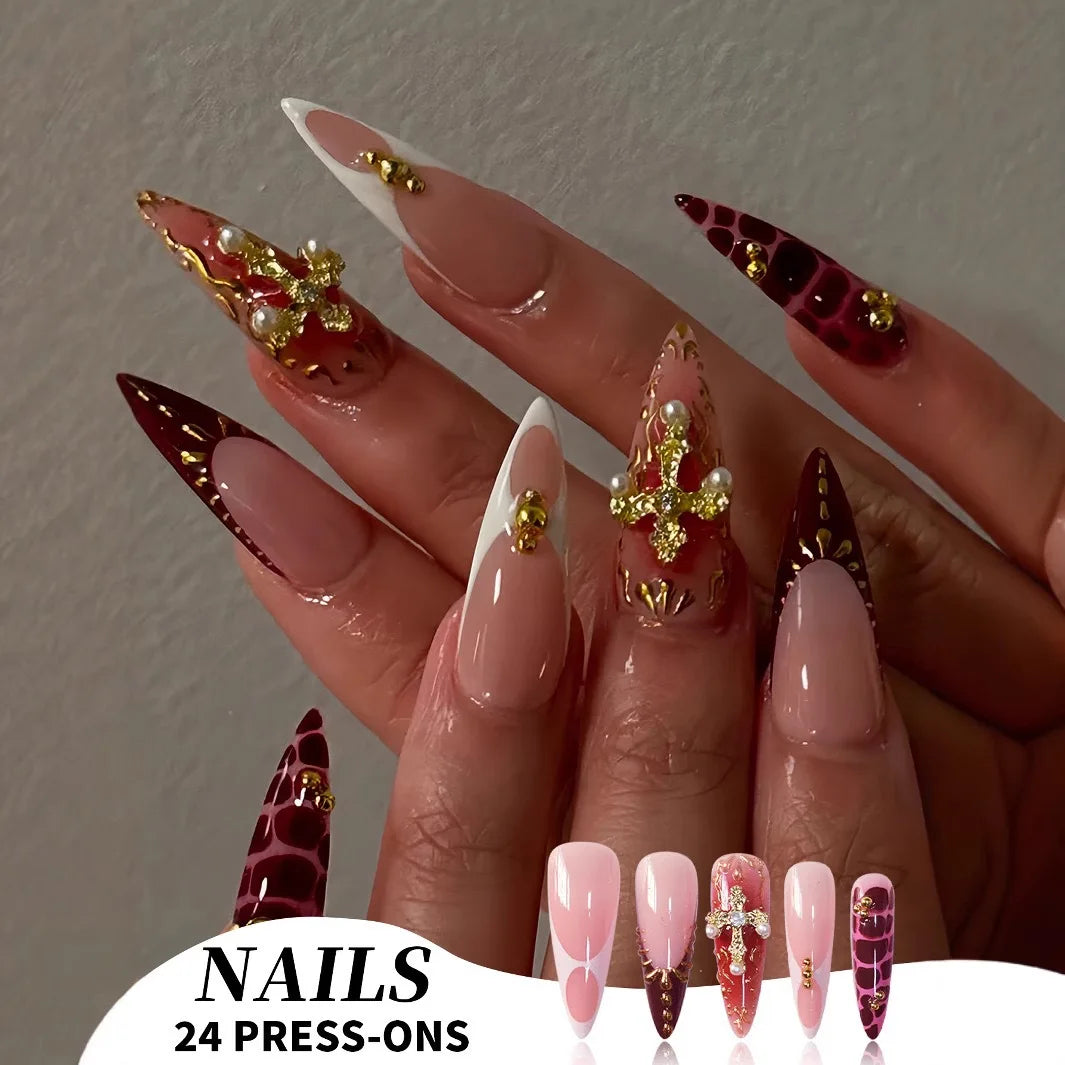 24Pcs Y2k Almond Acrylic Nails Full Cover 3D Diamond Black Nail Art Sweet Cool French Wearable Fake Nail Manicure Tips for Girls
