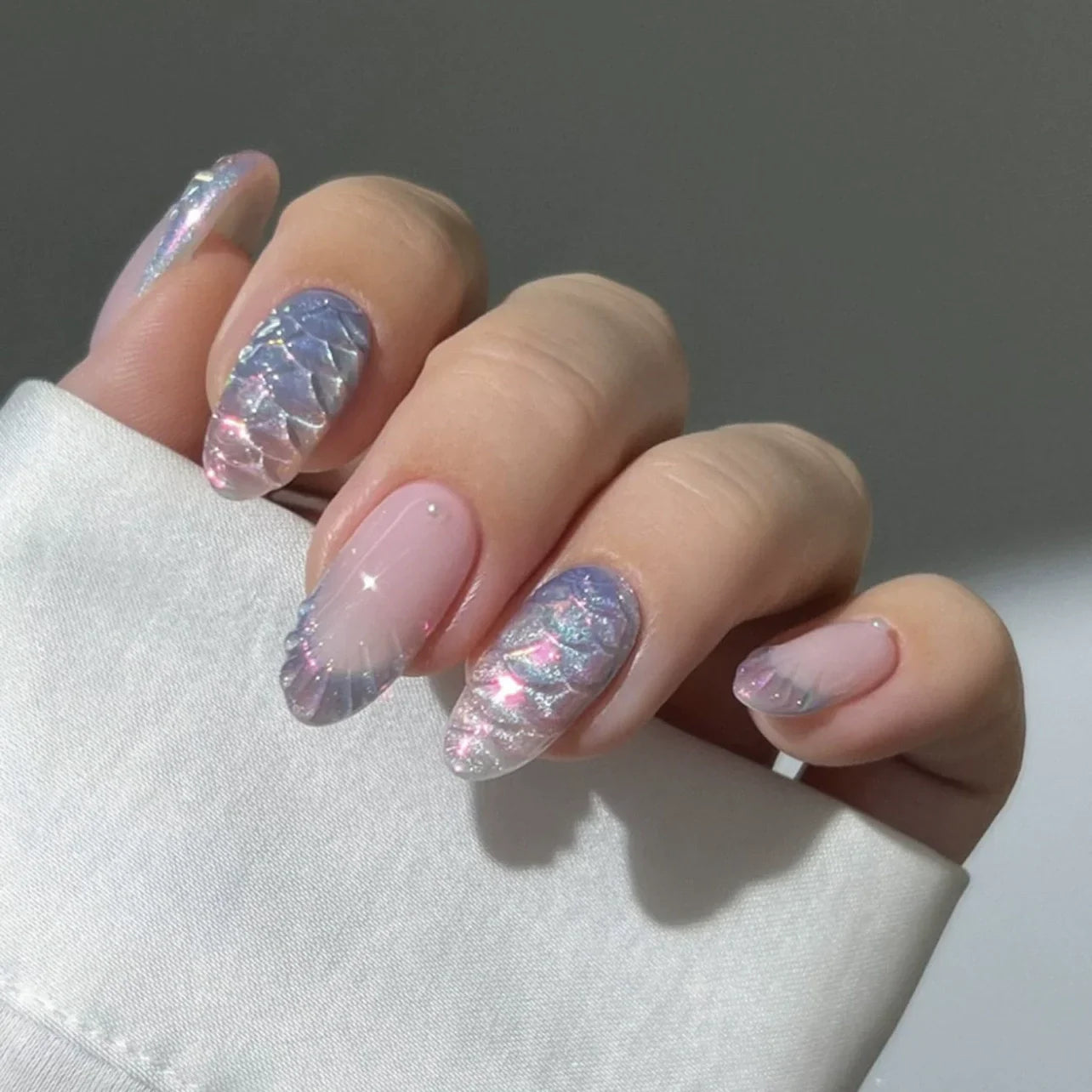 24Pcs Cyber Punk Style Almond False Nails Press on Pink Blush Full Cover Fake Nails 3D Ombre Wearable Acrylic Nail Manicure Tips