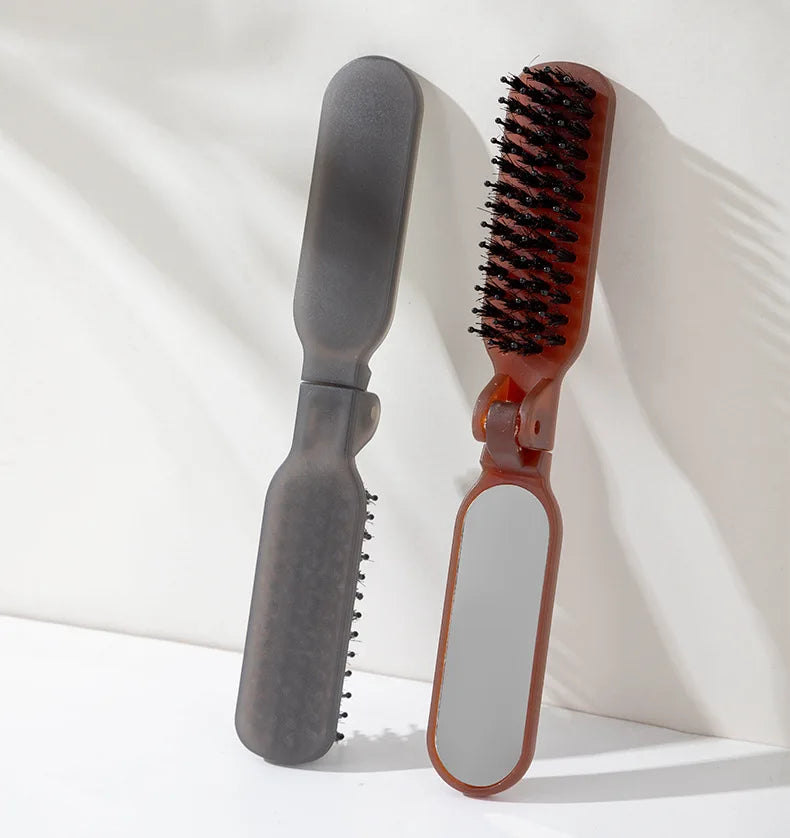 1Pc Foldable Bristle Comb with Mirror Mane Bristle Hair Brush Portable Pocket Collapsible Travel Massage Salon Hair Styling Tool