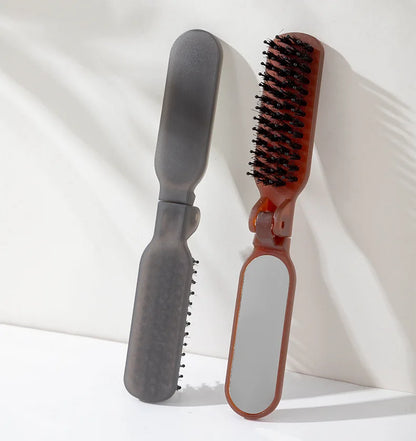 1Pc Foldable Bristle Comb with Mirror Mane Bristle Hair Brush Portable Pocket Collapsible Travel Massage Salon Hair Styling Tool