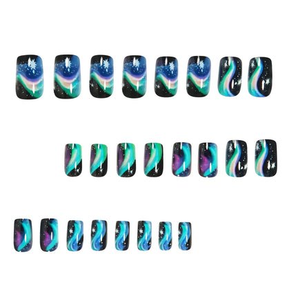 Medium fake nails for women gilrs gradient blue pink starry sky star moon Y2K design Almond nail tips press on false nail set