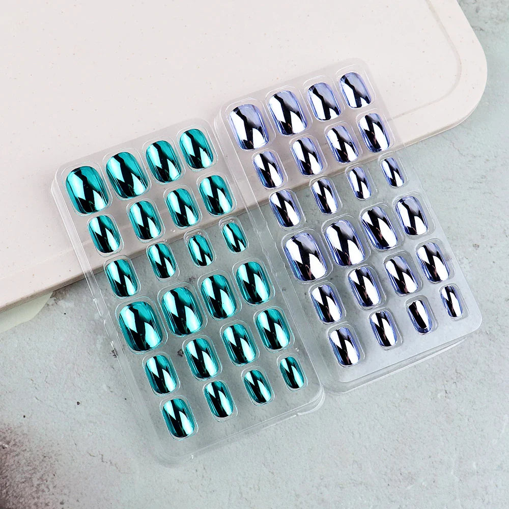 48 Pcs Gold Silver Mirror Chrome Kids Nails Press On Metalic False Nail Art Tips Pre-glue Short Oval Full Cover Fake Nails