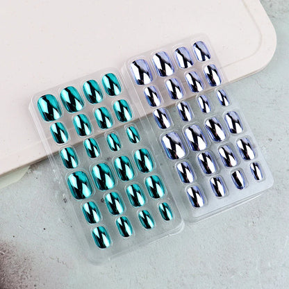 48 Pcs Gold Silver Mirror Chrome Kids Nails Press On Metalic False Nail Art Tips Pre-glue Short Oval Full Cover Fake Nails