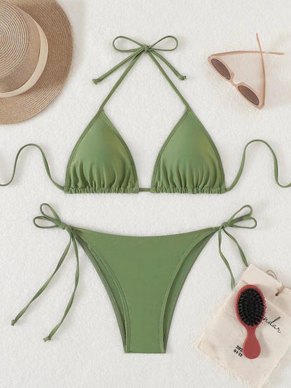 Bikini three-point swimsuit sexy drawstring strap halter bikini solid color lace-up split swimsuit