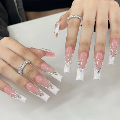24Pcs Long Square False Nails Simple White French Fake Nails Wearable Ballet Coffin Full Cover Nail Tips Acrylic Press on Nails