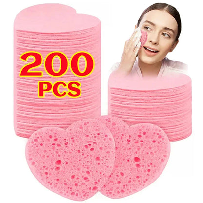 200Pcs Compress Face Wash Puff Reusable Heart Shape Sponges Face Cleansing Pads Strong Water Absorption Natural Wood Pulp Cotton