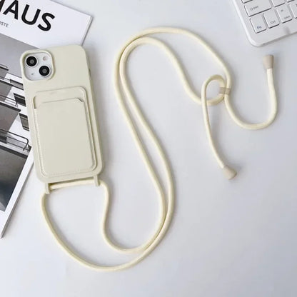 Soft Silicone Crossboby Lanyard Rope Fall Prevention Phone Case for IPhone 16 15 Pro Max 14 Plus 13 12 11 Card Slot Holder Cover