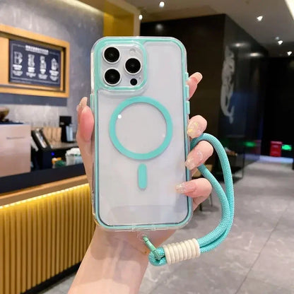 Airbag Shell Magnetic Short Hanging Rope Transparent Magsafe Case for IPhone 16 15 14 13 12 11 Pro Max Plus Shockproof HardCover