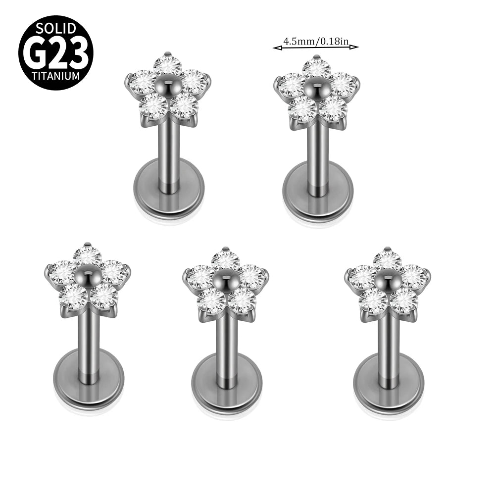 1/5PCS F-136 Implant Titanium Different Size Flower Zirconia Labret 16G Internal Threaded Cartilage Helix Lobe Earring Piercing