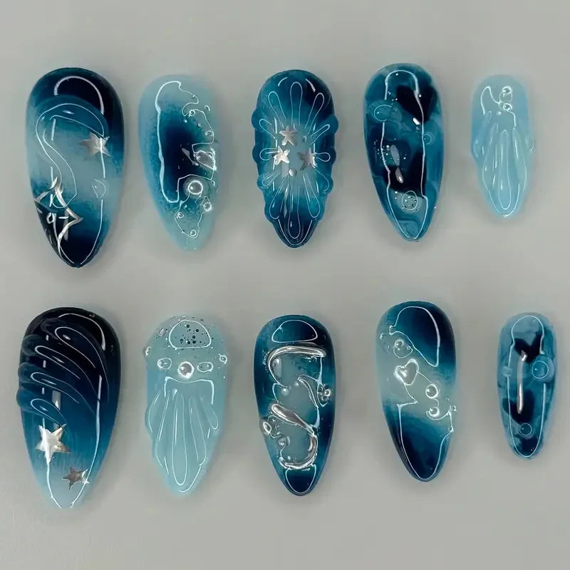 10pcs Handmade Fake Nail Art Ocean Seashell Design Blue Mid-length Oval False Nail Tips with Rhinestone Pearl Press on Nails Set