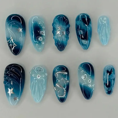 10pcs Handmade Fake Nail Art Ocean Seashell Design Blue Mid-length Oval False Nail Tips with Rhinestone Pearl Press on Nails Set