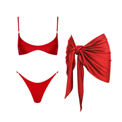 2Pcs Deep V Swimsuit With Long Skirt Women Sexy Swimwear Female Bikini Cut Out Biquini Swim Suit Shiny Button Bodysuit Beachwear