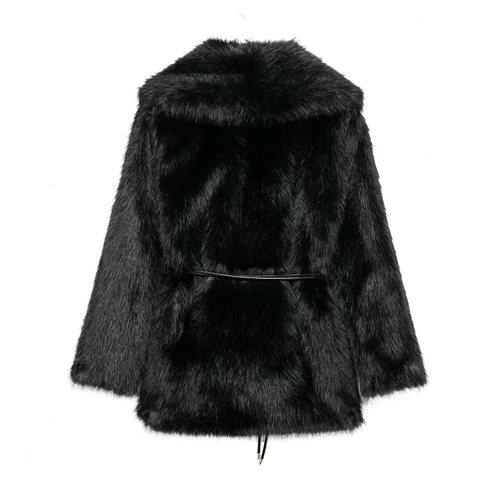 Women's Belt Decoration Collar Solid Color Medium Long Coat Autumn/Winter New Long Sleeve Loose Coat