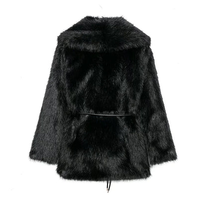 Women's Belt Decoration Collar Solid Color Medium Long Coat Autumn/Winter New Long Sleeve Loose Coat