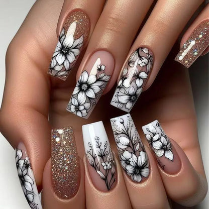 24Pcs White French Fake Nails with Glitter Rose Pattern Press on False Nails Gold Edge Line Design Artificial Nail Tips Art Long