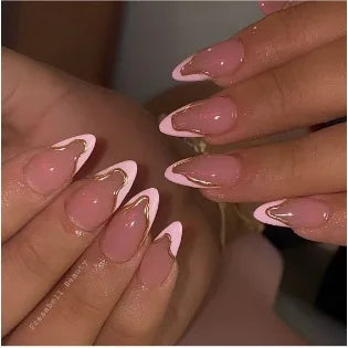 24Pcs Simple Glitter Almond False Nails with Glue Ballerina Nail Design Sweet Cool French Detachable Press on Nail Manicure Tips