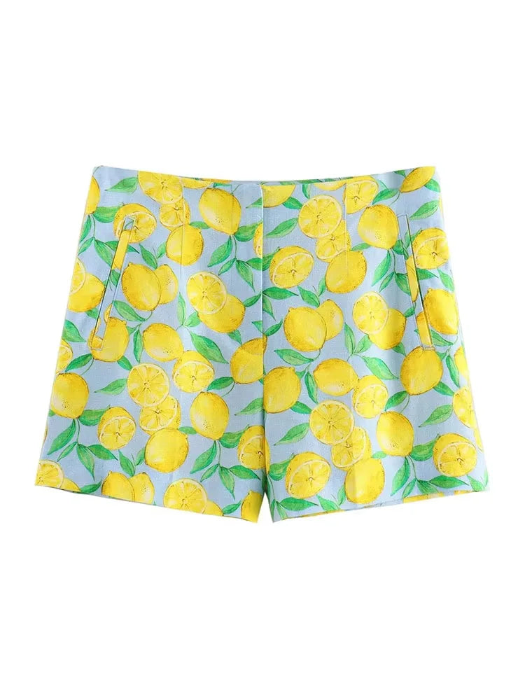 2024 Women Yellow Lemon Print Casual Shorts Y2k Woman Fashion Summer High Waist Zipper Slim Shorts For Beach Party