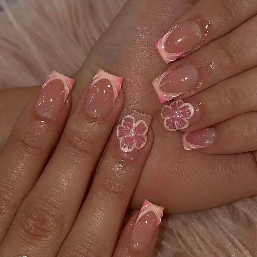 24pcs Mid-length Press on Nails Pink French Full Cover Flower Design Fake Nail Reusable Pearl False Nail with Jelly Glue Nails