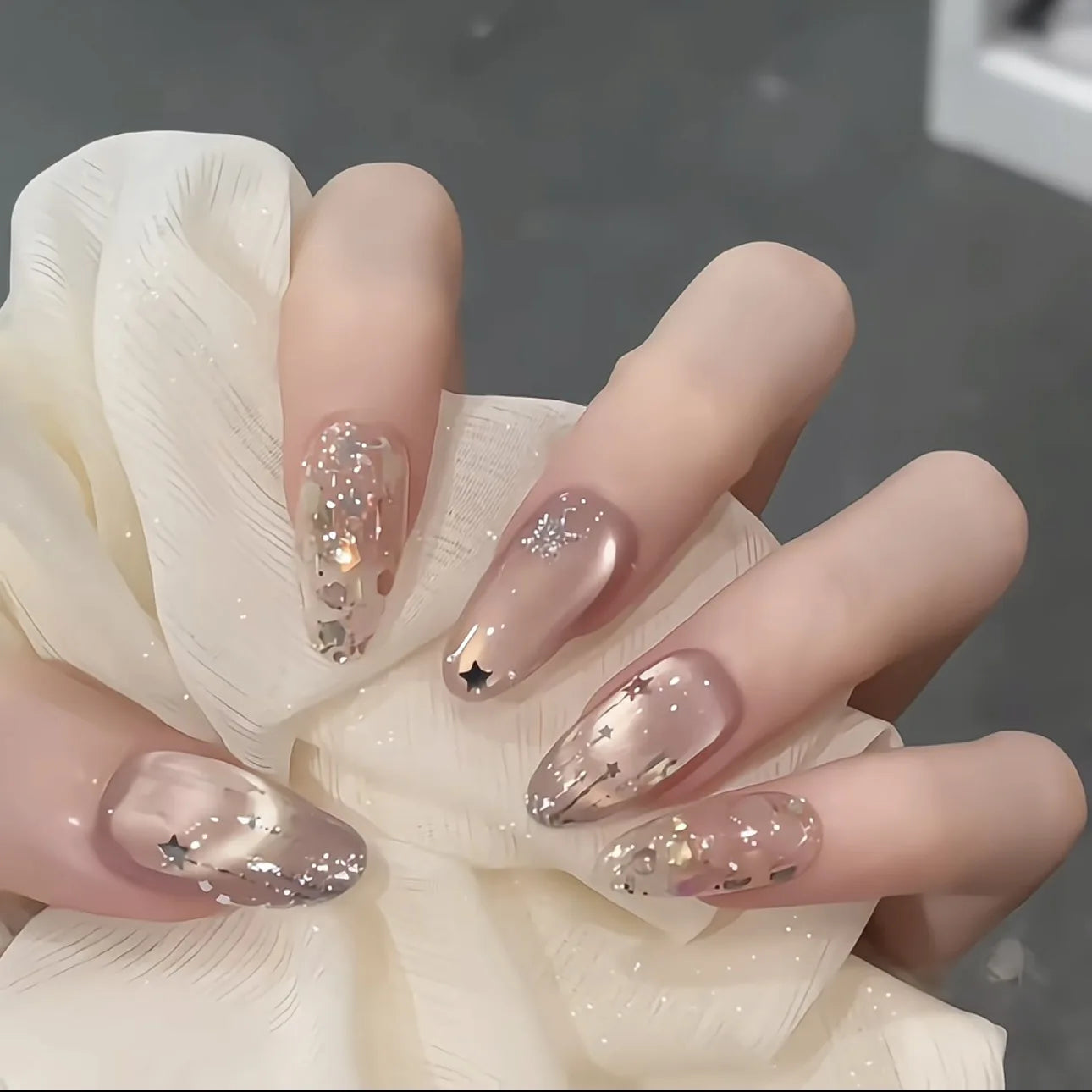 10pcs Baroque Handmade Press On Nails Romantic Cat's Eye Flash Silver Star Gold Foil Designs False Nail Y2k Almond Fake Nails