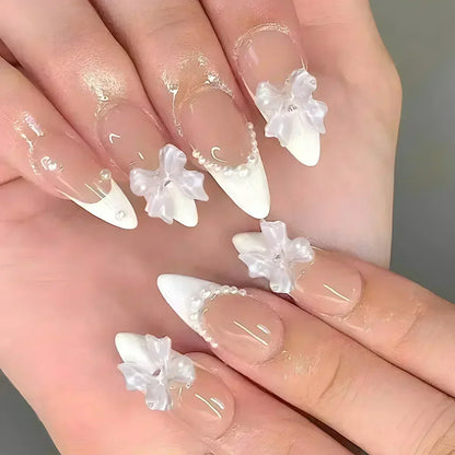 24Pcs White Almond False Nails Ballet with French Design Wearable Fake Nails Gradient Simple Full Cover Press on Nail Tips Art