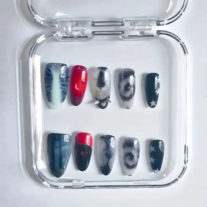 10pcs Handmade Press on Nails Cartoon Shark Pattern Design Fake Nails Wearable Detachable Ins Simple Almond Shaped False Nails