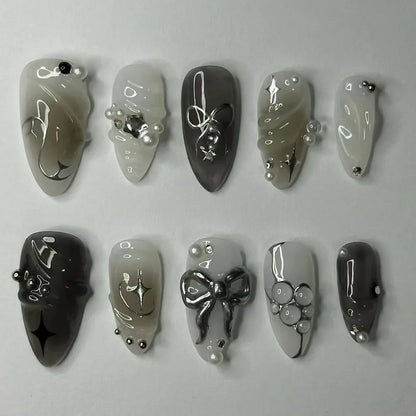 24Pcs Stiletto Press on Nails Glitter Almond False Nails French Tip Fake Nails with Glue Detachable Full Cover Acrylic Nail Tips