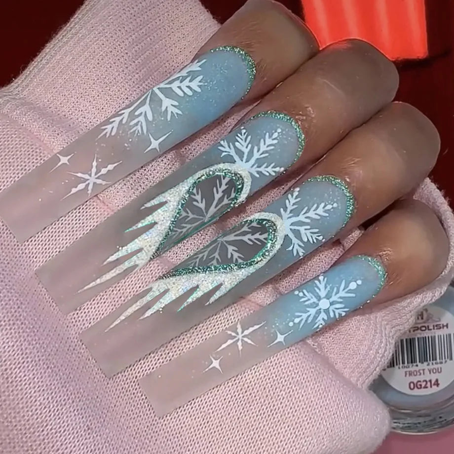 Medium long fake nails for Christmas party Cute snowman Santa Claus gift snowflake square almond tips Press on false nail art