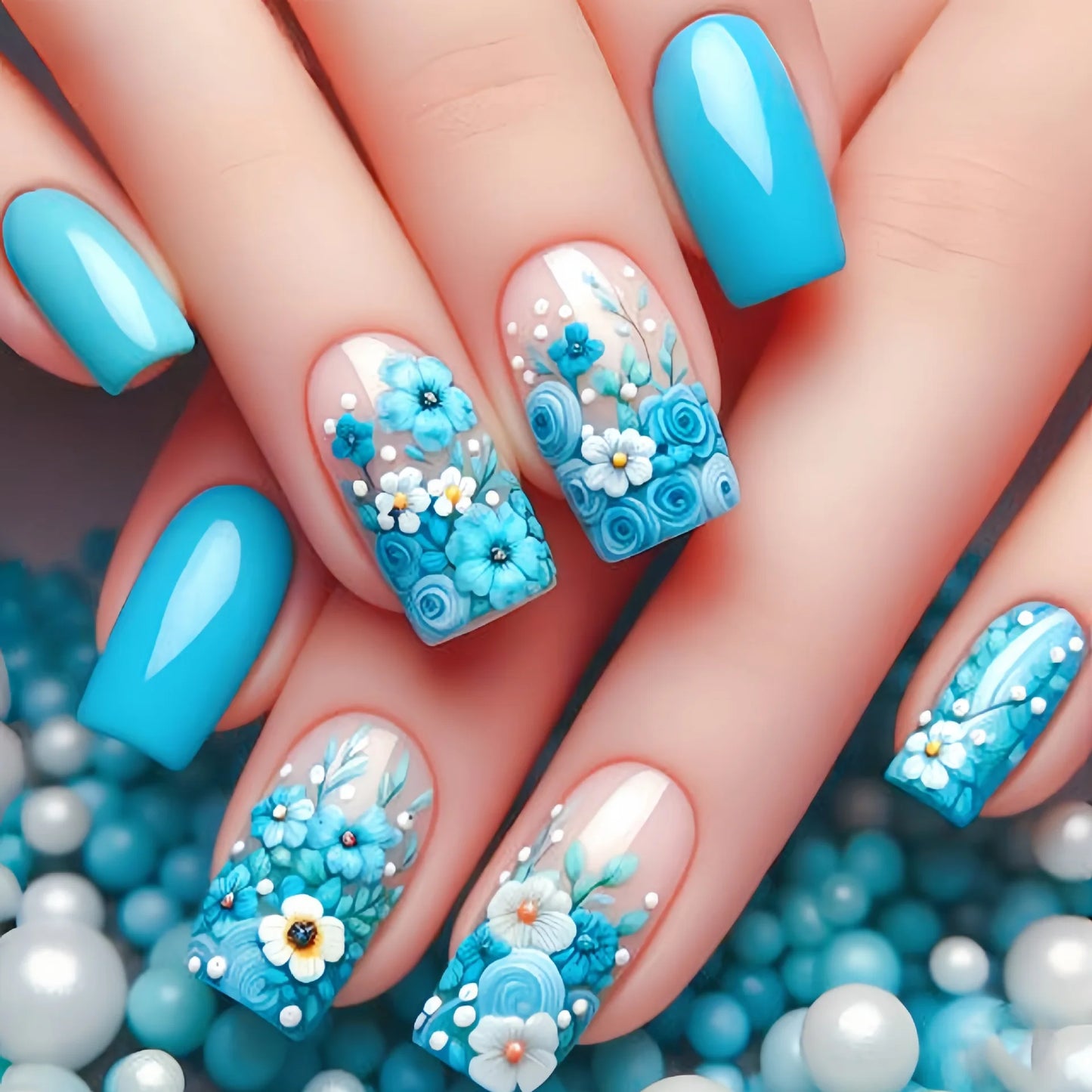 24Pcs Cute Square Stick on Fake Nail with Cartoon Panda Flower Pattern French Nail Art Acrylic Detachable Fashion False Nail Tip