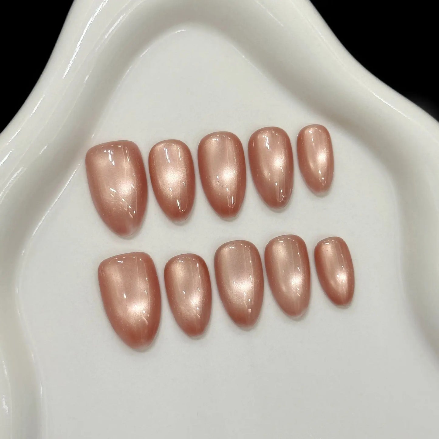 10pcs Handmade Press On Nails Solid Color Glossy Glass Beads Cat's Eye False Nails Full Cover Short Almond Fake Nail For Women