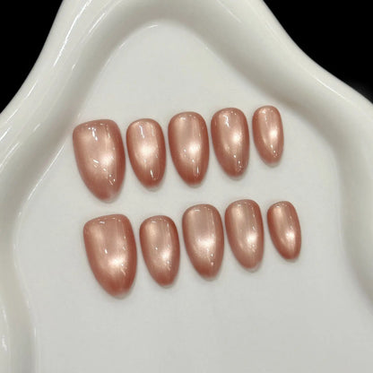 10pcs Handmade Press On Nails Solid Color Glossy Glass Beads Cat's Eye False Nails Full Cover Short Almond Fake Nail For Women