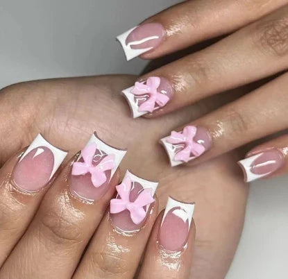 24Pcs Brown Plaid Press on Nails French Bow Spring False Nail Medium Almond Fashion Atmosphere Wearable Nail for Women&Girl