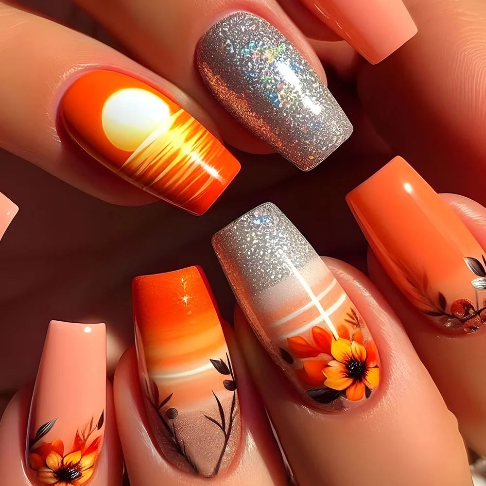 24pcs Press on Nails Flower Design Mid-length Ballet False Nail Fashion Brown Full Cover Manicure Tips Datachable Fake Nails Set