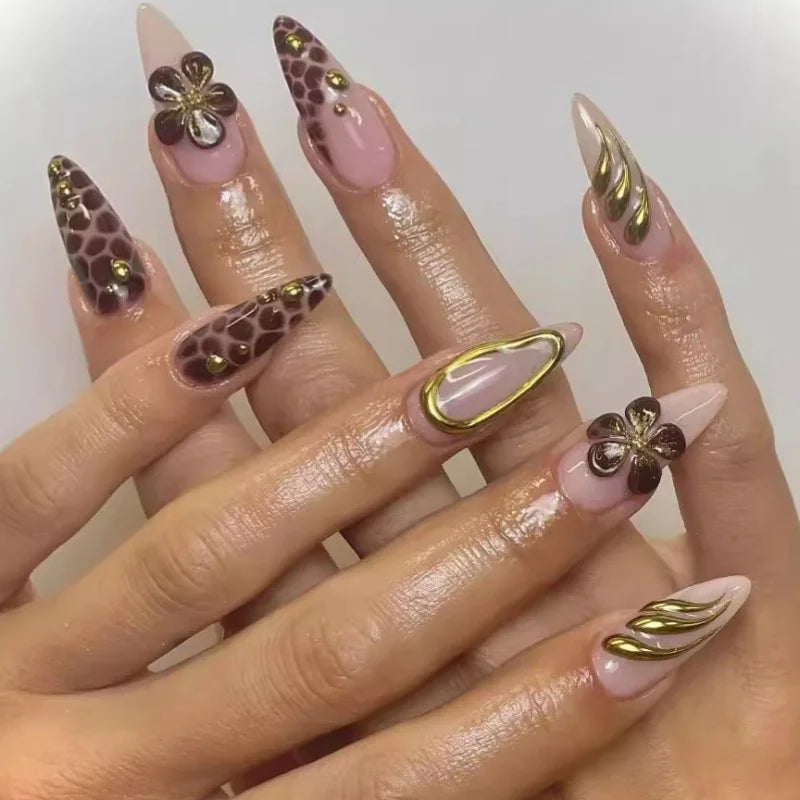 24pcs Almond False Nails Tips Summer Beach Colorful Nails Sets with Pearl Flower Design Press on Nails Art Wearable Fake Nail