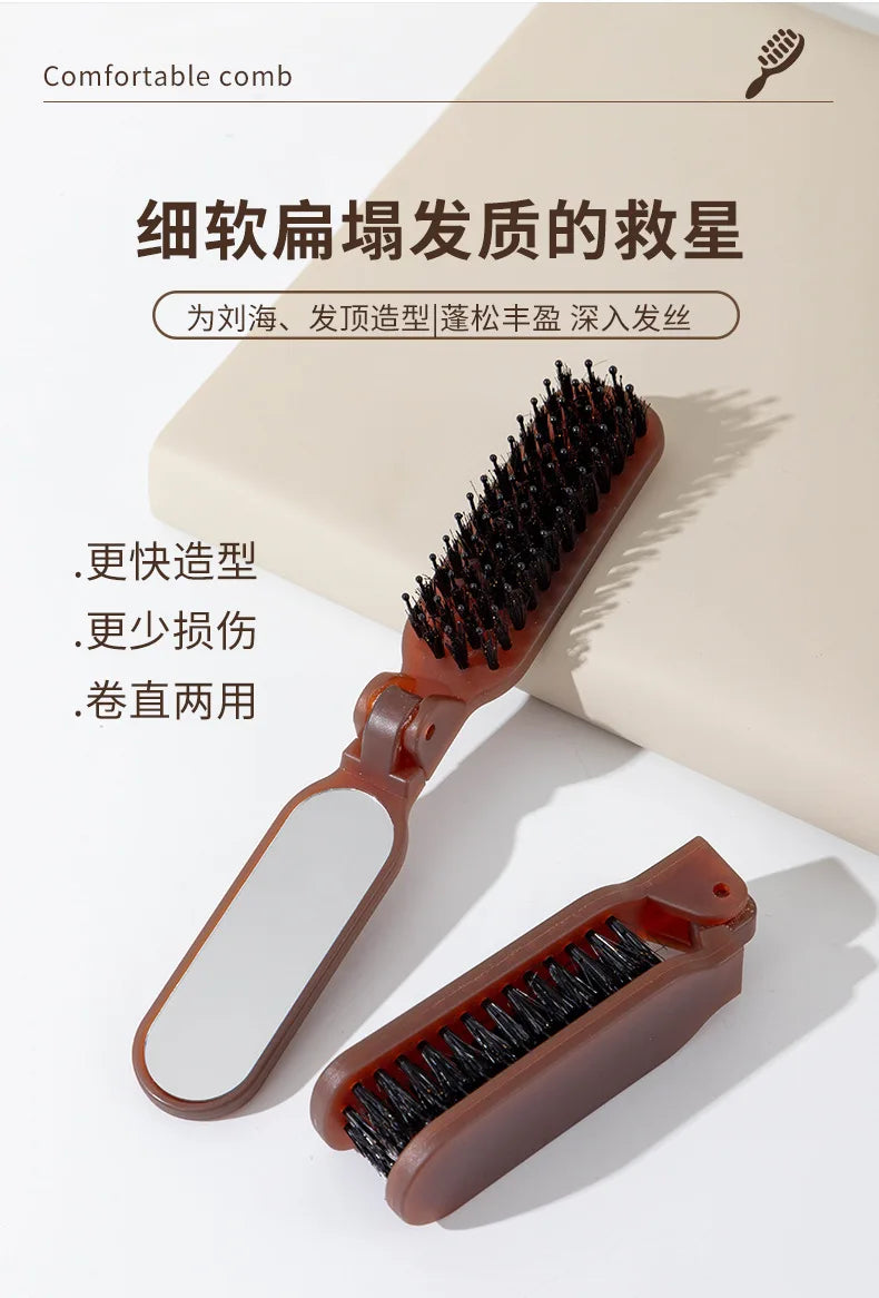 1Pc Foldable Bristle Comb with Mirror Mane Bristle Hair Brush Portable Pocket Collapsible Travel Massage Salon Hair Styling Tool