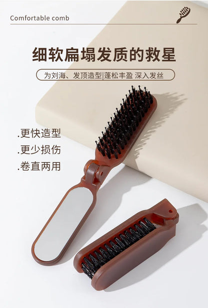 1Pc Foldable Bristle Comb with Mirror Mane Bristle Hair Brush Portable Pocket Collapsible Travel Massage Salon Hair Styling Tool