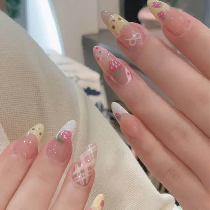 10Pcs Almond Press on Nails with Pink Strawberry Bear Design Acrylic False Nails Cute Full Cover Sweet Girl Wearable Nail Tips